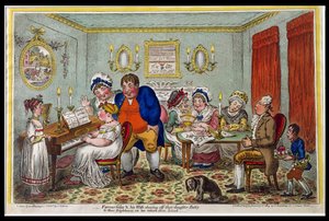 Maanviljelijä Giles ja hänen vaimonsa esittelevät tytärtään Bettyä naapureilleen tämän palattuaan koulusta, julkaissut Hannah Humphrey vuonna 1809 (käsinvärinen etsaus)