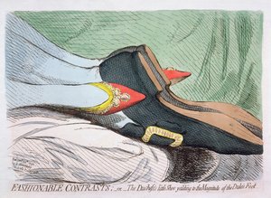 Fashionable Contrasts, eli Herttuattaren pieni kenkä, joka antaa periksi herttuan jalan suuruudelle, julkaisi Hannah Humphrey vuonna 1792 (etsaus wc:llä)