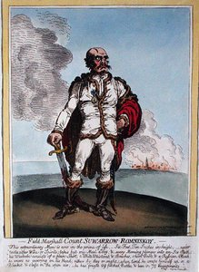 Field-Marshall-kreivi Suwarrow-Rominiskoy (1729-1800), julkaissut Hannah Humphrey vuonna 1799 (käsinvärinen etsaus) tekijältä James Gillray