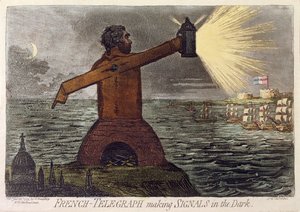 French-Telegraph Making Signals in the Dark, julkaisija Hannah Humphrey vuonna 1795 (etsaus akvatintalla)