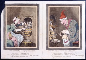 Hannah Humphreyn vuonna 1791 julkaisema Frying Sprats eli Royal Supper ja Toasting Muffins tai Royal Breakfast (käsinvärinen etsaus)