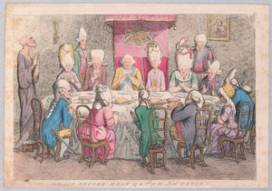 Armo ennen lihaa tai kurkistus Lord Petersiin, pub. 1779 (käsin väritetty kaiverrus). tekijältä James Gillray