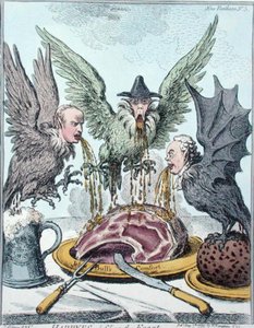 Harpyes Destroying the Feast, julkaissut Hannah Humphrey vuonna 1799 (käsinvärinen etsaus) tekijältä James Gillray