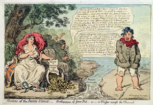 Irlannin unionin kauhut: Köyhän Patin vaivautuminen eli kuiskaus kanavan yli, julkaissut Hannah Humphrey vuonna 1798 (käsinvärinen etsaus)