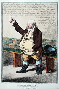 Independence, or Tyrwhitt Jones, Hannah Humphreyn julkaisema 1799 (käsin väritetty etsaus). tekijältä James Gillray