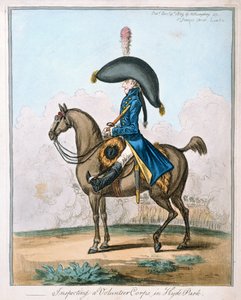 Inspecting a Volunteer Corps in Hyde Park, julkaisija Hannah Humphrey vuonna 1803 (käsinvärinen etsaus)