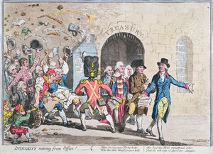 Integrity Retiring from Office, julkaissut Hannah Humphrey vuonna 1801 (käsinvärinen etsaus akvatintalla)