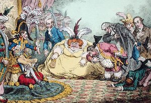 Kansalaisen Volponen ja hänen sarjansa esittely Pariisissa, julkaissut Hannah Humphrey vuonna 1802 (käsinvärinen etsaus) tekijältä James Gillray