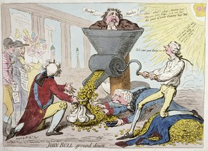 John Bull Ground Down, julkaissut Hannah Humphrey vuonna 1795 (käsinvärinen etsaus)