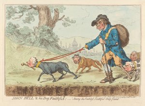 John Bull ja hänen koiransa Faithful; – ”Uskottomien joukossa löytyy vain uskollisia” tekijältä James Gillray