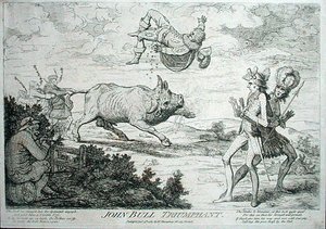 John Bull Triumphant, William Humphreyn vuonna 1780 julkaisema (etsaus) tekijältä James Gillray