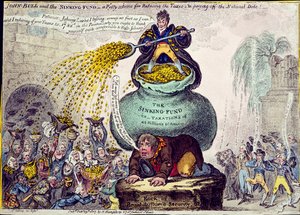 John Bull and the Sinking Fund eli kaunis järjestelmä verojen vähentämiseksi ja valtionvelan maksamiseksi, julkaissut Hannah Humphrey vuonna 1807 (käsinvärinen etsaus)
