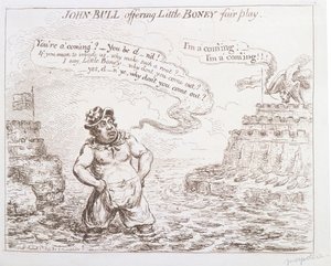John Bull tarjoaa Little Boneyn reilua peliä, julkaissut Hannah Humphrey vuonna 1803