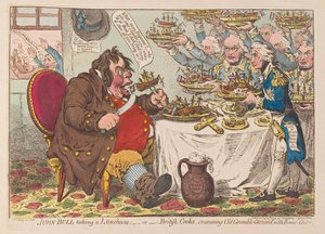 John Bull syömässä lounasta tai brittiläiset kokit täyttämässä Old Grumble Gizzardia Bonne Cheren kanssa, pubi 1798 (käsinvärinen kaiverrus)