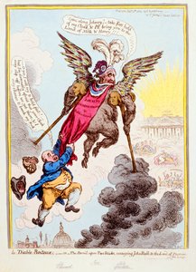 Hannah Humphreyn vuonna 1806 julkaisema Le Diable-Boiteux eli Paholainen kahdella kepillä, joka välittää John Bullin lupausten maahan, julkaisi Hannah Humphrey vuonna 1806 (käsinvärinen etsaus)