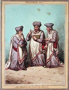 Les Membres du Conseil des Anciens, levy 2 julkaisusta "French Habits", julkaissut Hannah Humphrey vuonna 1798 (värillinen etsaus) tekijältä James Gillray