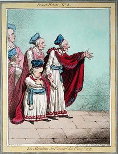Les Membres du Conseil des Cinq Cents, "French Habits" -julkaisun levy 3, julkaissut Hannah Humphrey vuonna 1798 (värinen etsaus) tekijältä James Gillray