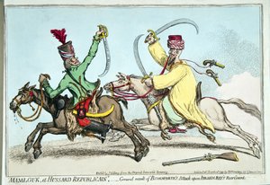 Mamlouk et Hussard Republicain eli yleinen tulos Bonaparten hyökkäyksestä Ibrahim Beyn takavartijaa vastaan, julkaissut Hannah Humphrey vuonna 1799 (käsinvärinen etsaus)