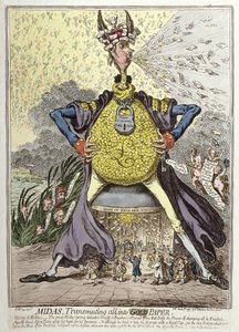 Midas Transmuting All into Gold Paper, julkaissut Hannah Humphrey vuonna 1797 (käsinvärinen etsaus)