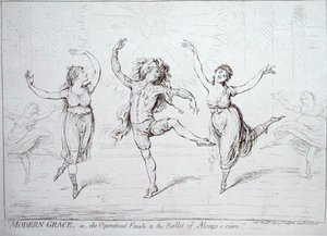 Modern Grace eli Alonzo e caron baletin oopperafinaali, Hannah Humphreyn vuonna 1796 julkaisema (kynä ja muste paperille) tekijältä James Gillray