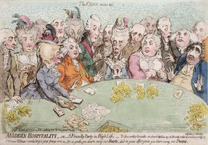 Modern Hospitality tai A Friendly Party in High Life, julkaissut Hannah Humphrey vuonna 1792 (käsinvärinen etsaus)