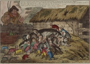 Enemmän sikoja kuin tutit, tai – uusi nälkäisten murujien pentue, joka imee John Bullin vanhan emakon kuoliaaksi, 9. toukokuuta tekijältä James Gillray