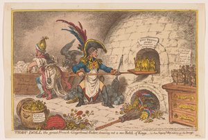 Napoleon leipoo uuden annoksen kuninkaita, 1806 Tiddy-Doll, suuri ranskalainen piparkakkuleipuri; uuden Kuninkaiden erän piirtäminen (otsikko esineessä) tekijältä James Gillray