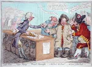 Budjetin avaaminen eli John Bull antaa polvihousunsa pelastaakseen pekoninsa, julkaisi Hannah Humphrey vuonna 1796 (käsinvärinen etsaus) tekijältä James Gillray