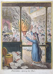 Pandora Opening her Box, julkaisija Hannah Humphrey, 1809 (käsinvärinen etsaus)