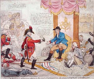 Pantagruelin voittoisa paluu Gargantuan hoviin hävitettyään Hannah Humphreyn vuonna 1794 julkaiseman Soup-Meagres of Bouaille Landin (käsinvärinen etsaus) tekijältä James Gillray