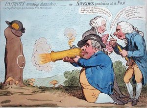 Patriootit huvittelemassa tai ruotsalaiset harjoittelemassa postissa, Hannah Humphreyn julkaisema 1792 (käsinvärjätty etsaus). tekijältä James Gillray