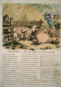 Possunliha eli Farmyardilta ruoskittu sika, Hannah Humphreyn vuonna 1798 julkaisema (käsinvärinen etsaus) tekijältä James Gillray