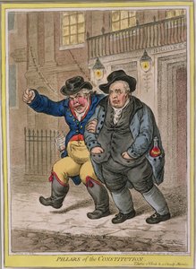 Perustuslain pilarit: Kello kolme ja pilvinen aamu, julkaissut Hannah Humphrey vuonna 1809 (käsinvärinen etsaus)