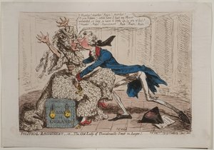 Political Ravishment eli The Old Lady of Threadneedle Street vaarassa!, julkaisija Hannah Humphrey, 1797 (käsinvärinen etsaus)