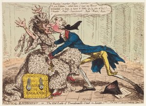 Poliittinen ravishment tai Old Lady of Threadneedle Street vaarassa!, 1797 tekijältä James Gillray