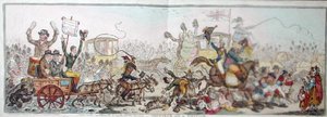 Posting to the Election: kohtaus matkalla Brentfordiin, julkaissut Hannah Humphrey vuonna 1806 (käsinvärinen etsaus) tekijältä James Gillray