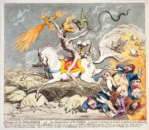 Vuosituhannen presages, Hannah Humphreyn vuonna 1795 julkaisema (värietsaus, kaiverrus ja akvatinta)