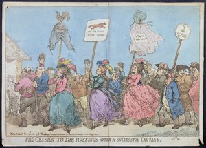 Procession to the Hustings after Succesful Canvass, julkaisija G. Humphrey vuonna 1784 (käsinvärinen etsaus)