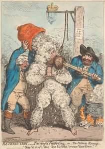 Kosto; - Tervaaminen ja höyhentäminen; - eli - Patrioottien kosto, - Ette suinkaan aio tukkia suutamme, varokaa omaanne tekijältä James Gillray