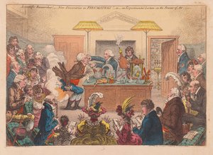 Tieteelliset tutkimukset! Uusia löytöjä Pneumatiikassa! Tai kokeellinen luento voimaista osf Air, pub. 1802 (käsinvärinen kaiverrus) tekijältä James Gillray
