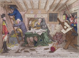 Hannah Humphreyn vuonna 1798 julkaisema Search Night eli The State Watchmen Mistaking Honest-men for Conspirators (käsinvärinen etsaus)
