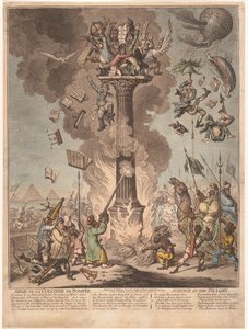Sarjakuva Ranskan Egyptin tutkimusmatkasta, 1799 Siege de la Colonne de Pompee / Tiede pillerissä (otsikko esineessä) tekijältä James Gillray
