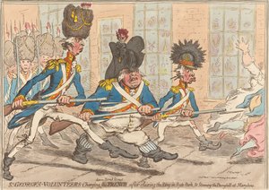 St. George’sin vapaaehtoiset rynnistävät Bond Streetiä pitkin sen jälkeen, kun he ovat tyhjentäneet Hyde Parkin areenan ja valloittaneet Marybonen lannakasan tekijältä James Gillray