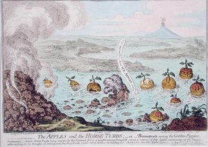 The Apples and the Horse-Turds eli Buonaparte among the Golden Pippins, julkaissut Hannah Humphrey vuonna 1800 (käsinvärinen etsaus) tekijältä James Gillray