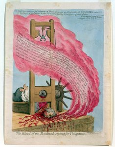 "Murhattujen veri huutaa kostoa", Ludvig XVI:n (1754-93) teloitus giljotiinilla, julkaisija Hannah Humphrey. tekijältä James Gillray