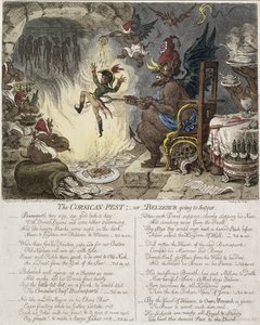 Korsikalainen tuholainen eli Belzebub menossa illalliselle, Hannah Humphreyn julkaisema 1803 (käsin väritetty etsaus). tekijältä James Gillray