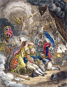 Amiraali Lordi Nelsonin kuolema voiton hetkellä! julkaisi Hannah Humphrey vuonna 1805 (käsin väritetty etsaus).
