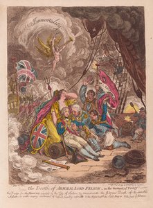 Amiraali Lord Nelsonin kuolema voiton hetkellä, pub. 1805 (käsin väritetty kaiverrus).
