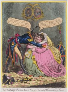 Ensimmäinen suudelma kymmeneen vuoteen! tai The Meeting of Britannia und Citizen Francois, julkaisija Hannah Humphrey vuonna 1803 (käsinvärinen etsaus akvatintalla)
