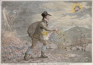 The Generae of Patriotism eli The Bloomsbury Farmer istuttaa Bedfordshire Wheat, julkaisi Hannah Humphrey vuonna 1796 (käsinvärinen etsaus) tekijältä James Gillray